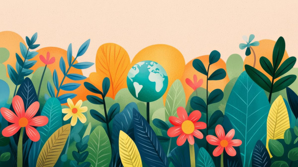 gezeichnete bunte Blumen und Erdkugel in der Mitte
